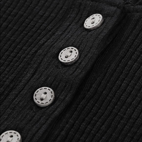 Black Crochet Plus Sized Lace Hem Sleeve Button Rib Knit Henley Top - 2X - Picture 8 of 12